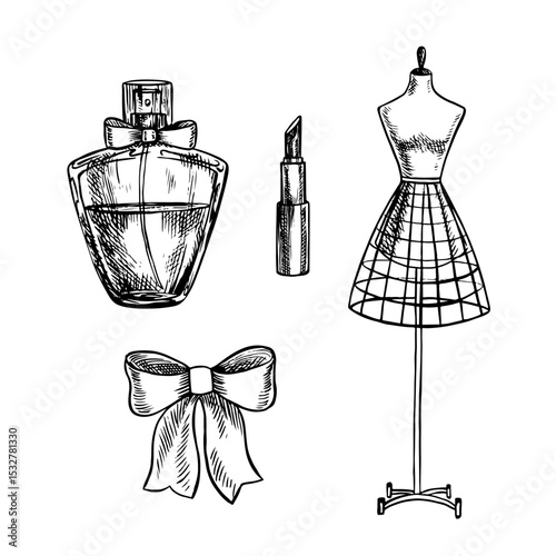 Beauty and fashion. A set of illustrations. Vector black and white hand-drawn graphics. Tailor s mannequin, perfume, lipstick, ribbon bow, isolates on a white background. Elements of your design.