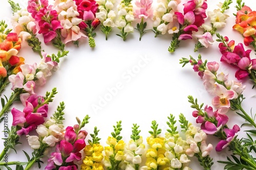 Elegant snapdragon floral border for springtime greetings and celebrations with blank space