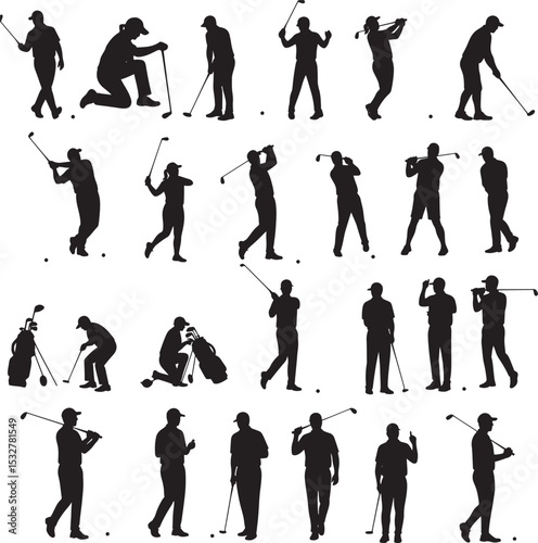 A large collection of golfer silhouettes in various poses with golf bags and equipment on a white background vector