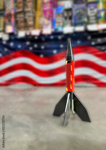 American flag fireworks store shows rocket petard on ground with blurred background of  store inventory for Fourth of July celebration event.