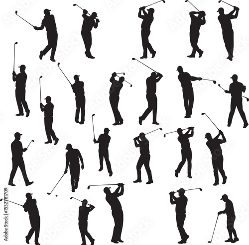 A set of twenty four various golf player silhouettes in different swing and putting poses vector