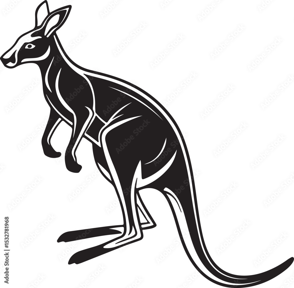 Fototapeta premium A black and white kangaroo silhouette in vector style, set against a clean white background