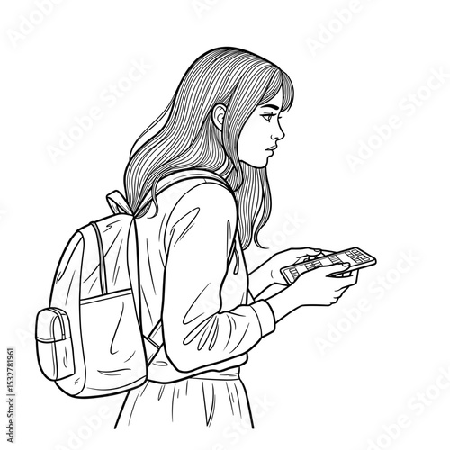 Young woman holding a smartphone while wearing a backpack, casual and engaged