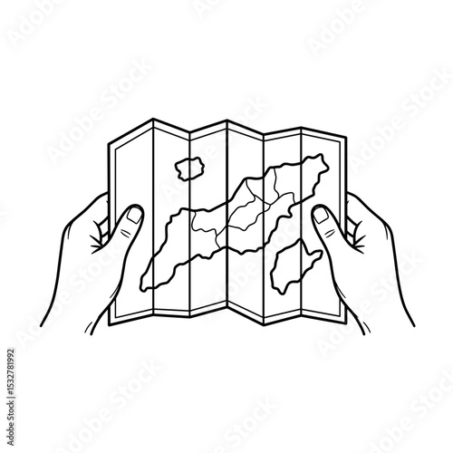 Hands holding a folded map, navigating travel routes, adventure planning