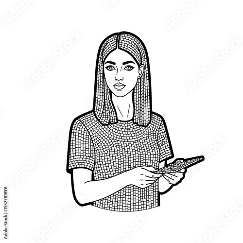 Young woman holding a mosaic art piece, creative expression, artistic activity