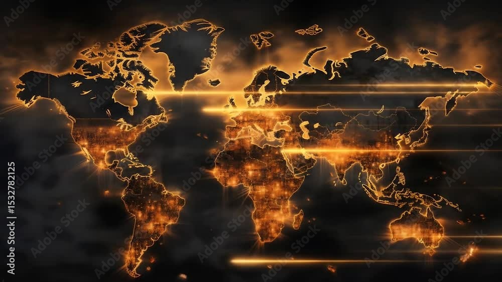 A world map in war with military targets where explosions, fire ...