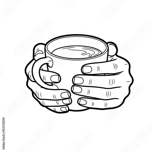 Hands holding a steaming cup of coffee, cozy atmosphere, comforting beverage