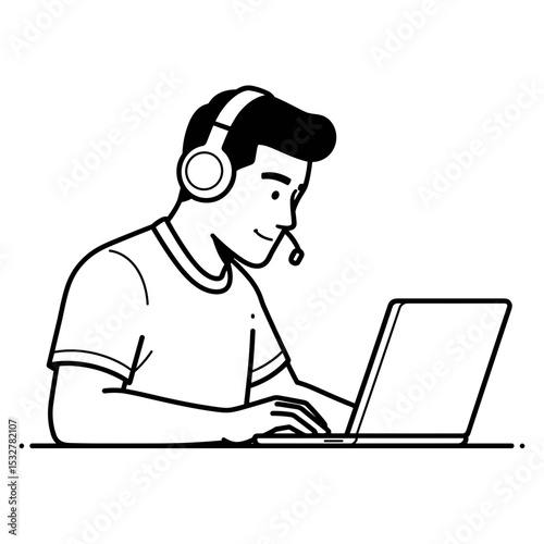 Young vlogger wearing headphones and using a laptop, focused on content creation