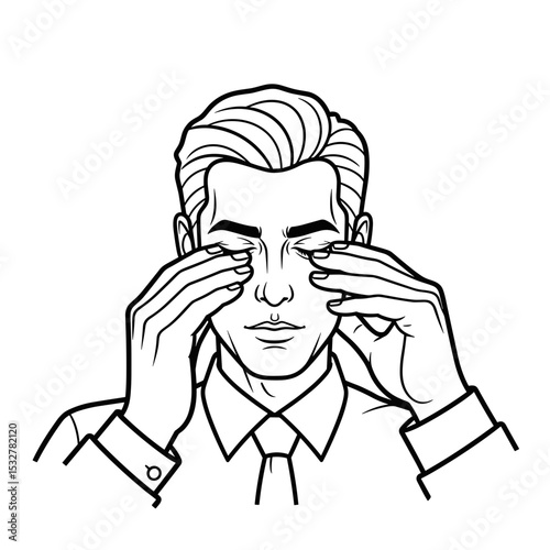 Stressed businessman rubbing his eyes, showing tiredness, serious expression