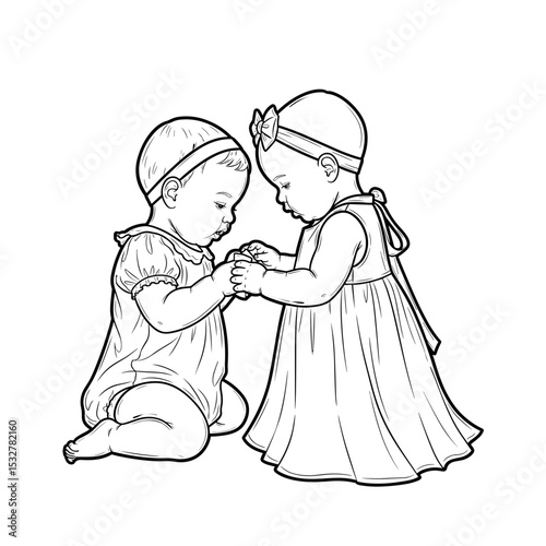 Two adorable babies playing together on the floor, joyful interaction
