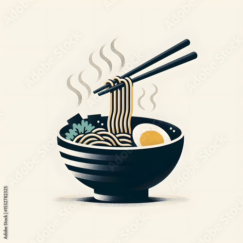 minimalist illustration of a bowl of ramen with chopsticks, isolated on white background