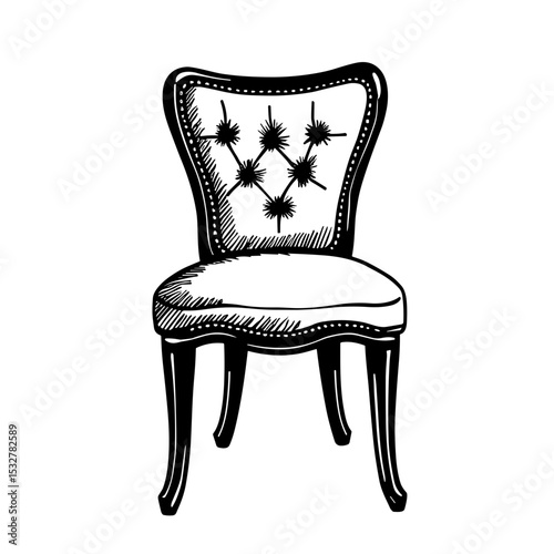 Hand-drawn upholstered chair with tufted backrest for vintage decor sets - classic furniture layouts - interior sketch boards