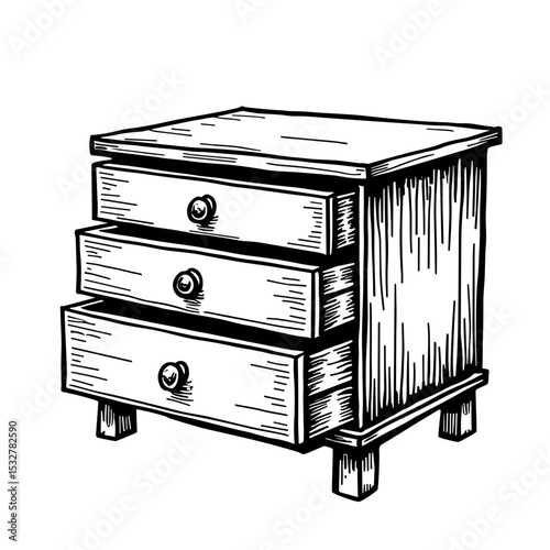 Hand-drawn wooden chest with three drawers and metal knobs for furniture mockups - antique catalogs - UI furnishing libraries