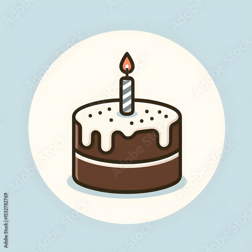 Colorful birthday chocolate cake with lit candles, a sweet dessert illustration for celebration and party decoration