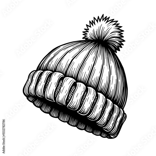 Hand-drawn knitted winter beanie with pom-pom for cold season dashboards - fashion headwear kits - wardrobe sets