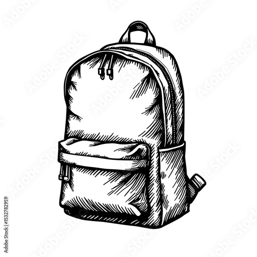 Hand-drawn backpack with front zipper pocket and padded straps for travel dashboards - school kits - casualwear UIs