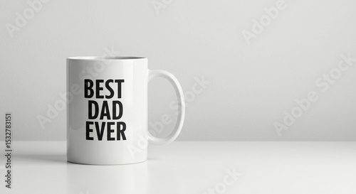 A white ceramic mug with black text stating 'Best Dad Ever', sitting on a white surface against a light gray backdrop.