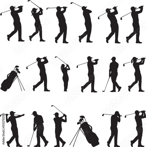 Black silhouettes of diverse male and female golfers in various poses with golf clubs A collection of golf player silhouettes in various swing poses vector