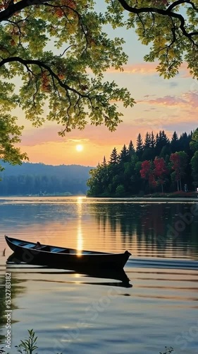 Sunset over serene lake with a small boat drifting in calm waters surrounded by lush trees