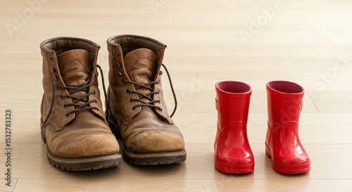 A pair of worn, leather boots are placed beside tiny, shiny red rainboots on a floor, highlighting size differences.