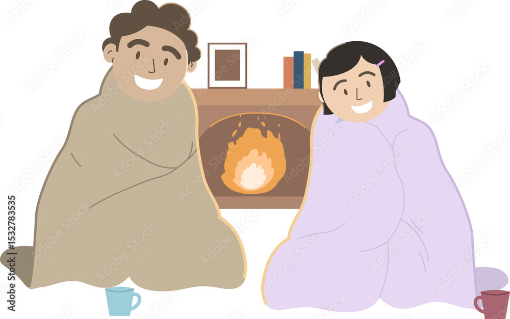Obraz premium Flat vector couple is sitting in blankets by fire mantel with books, mugs, transparent background