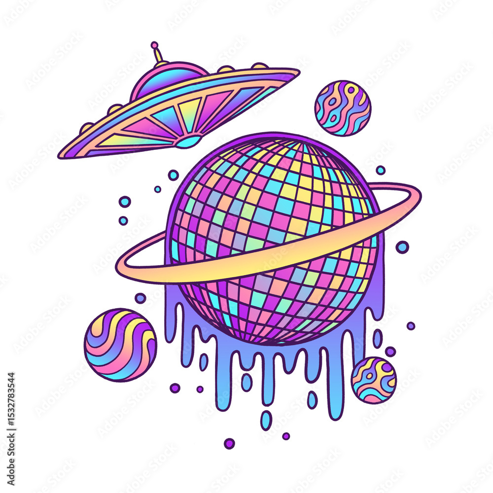 Naklejka premium Pastel vector art is featuring melting disco planet with ring and UFO, transparent background
