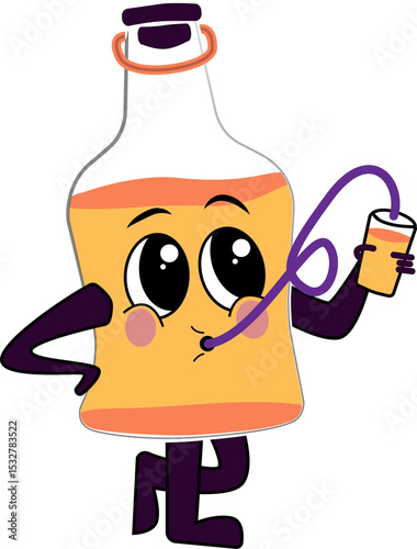 Cartoon bottle is standing on transparent canvas with orange liquid, purple straw and small cup