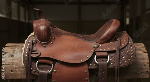 A leather saddle worn and studded on mount