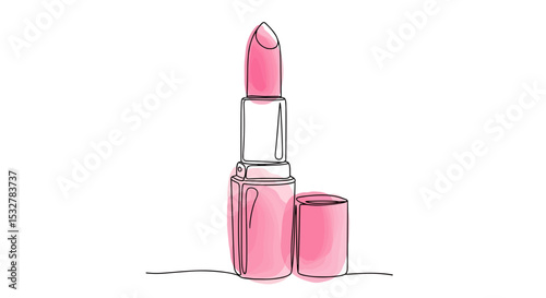 Pink lipstick in pink case one line drawing with watercolor fill, minimalistic vector illustration on white background