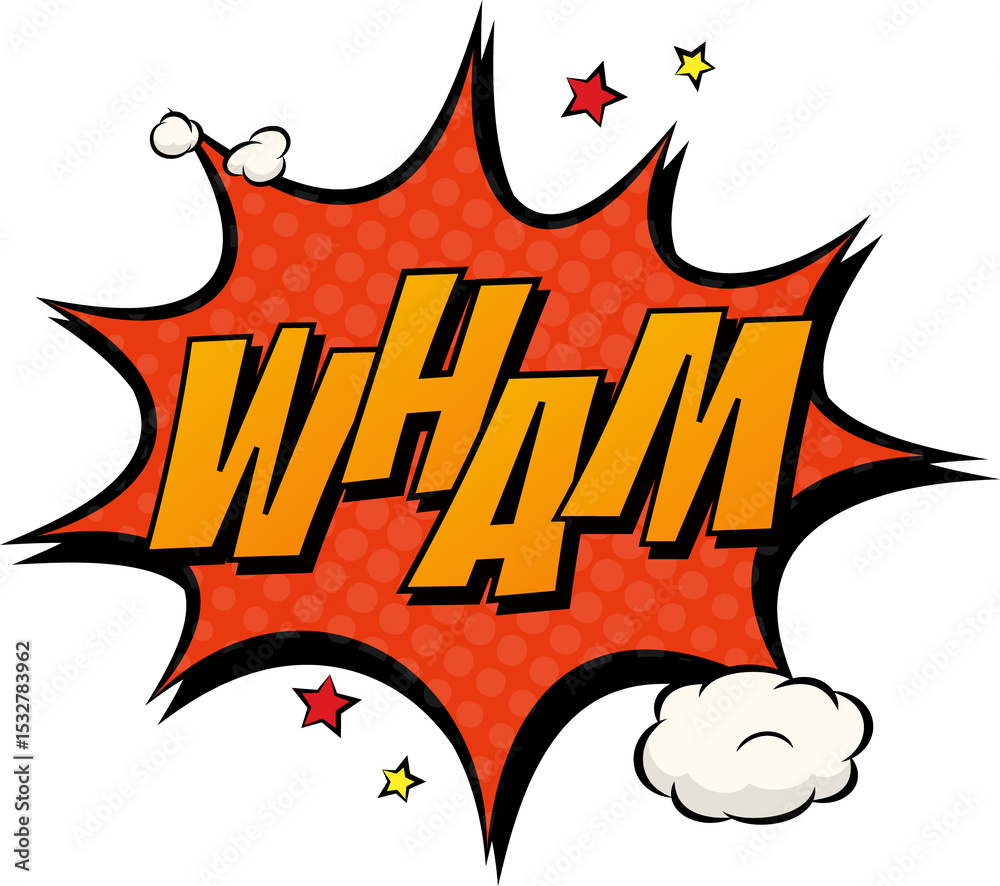Naklejka premium Comic-style graphic is showing WHAM explosion with burst, stars, smoke on transparent background