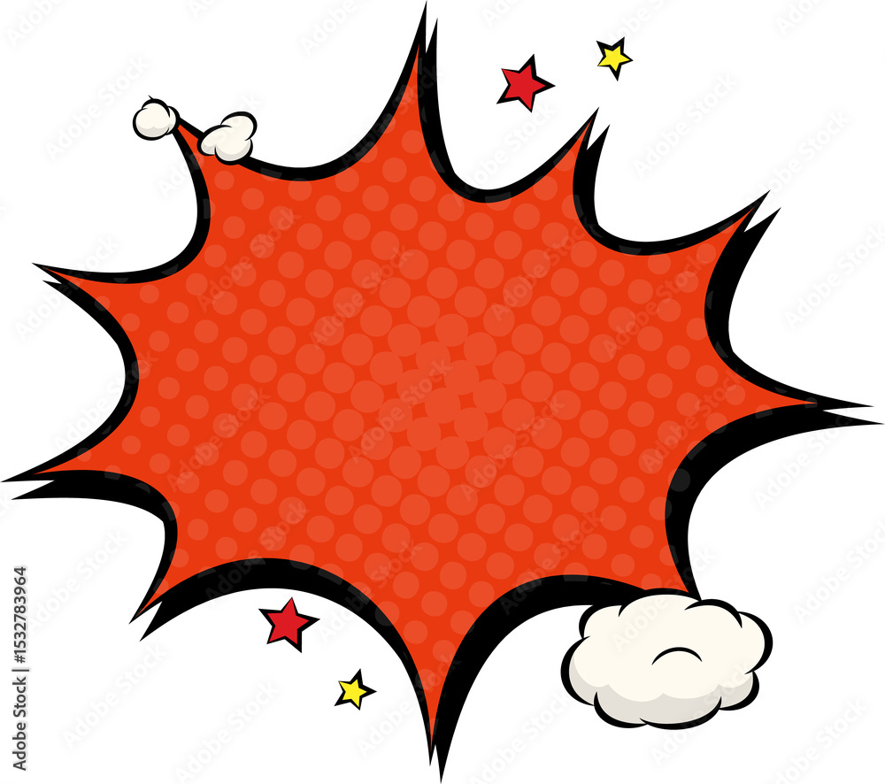Naklejka premium Red jagged explosion is showing pop art dots, cloud puffs, red yellow stars, transparent background