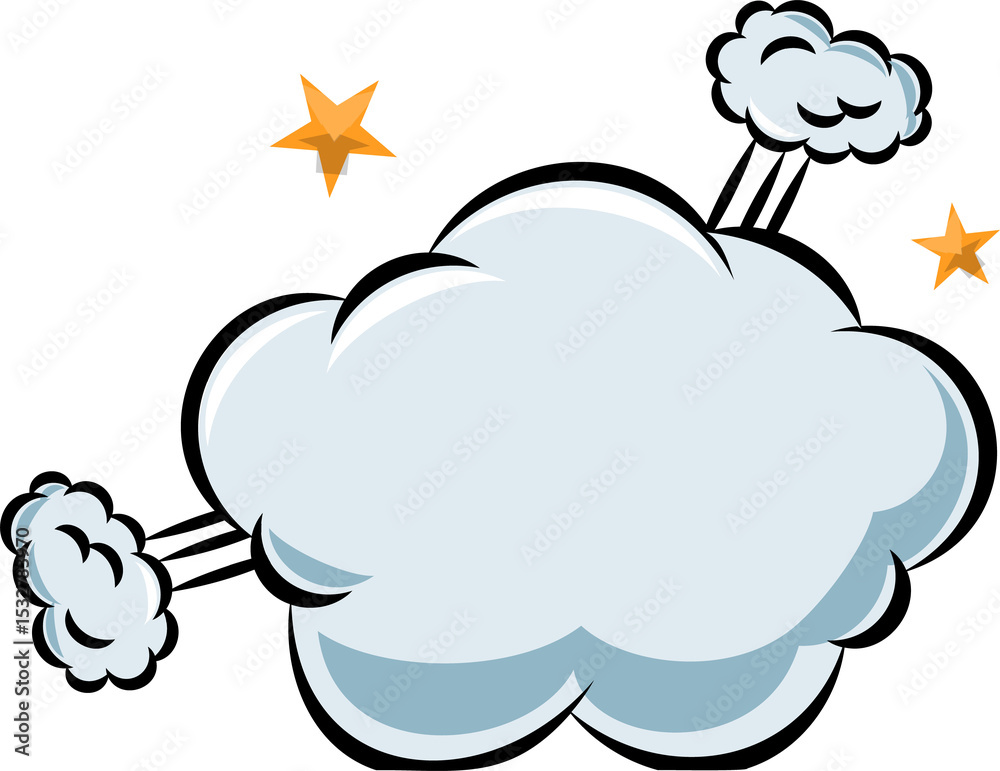Obraz premium Cartoon-style cloud is floating on transparent background showing 3 linked puffs and golden stars
