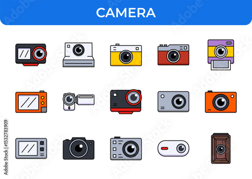 Camera Vector Icon Set - Action Camera, Digital, Vintage, Instant, Video Recorder, DSLR, Webcam, Old Camera, Photo, Photography Icons - Editable Line Weight