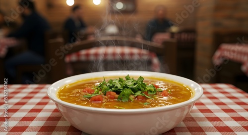 Harira soup with lentil, tomato and cilantro on a restaurant table
