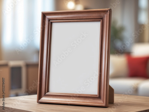 A blank wooden picture frame with a stand sits on a wooden table, with a blurred modern home interior in the background.