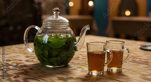 Moroccan mint tea brewed with fresh leaves on a restaurant table