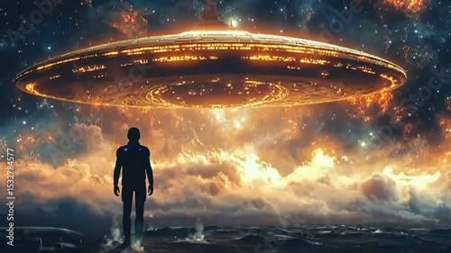Mysterious figure gazes at hovering spaceship in a cosmic spectacle at dusk