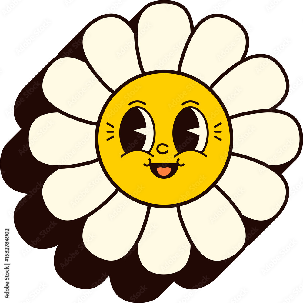 Obraz premium Flat design daisy flower is showing happy cartoon face with heart tongue on transparent background