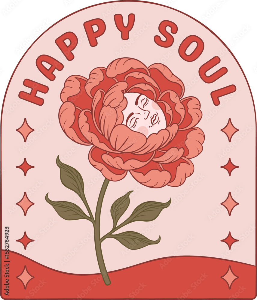 Naklejka premium Vector art showing coral-red flower with human face framing HAPPY SOUL text, transparent background
