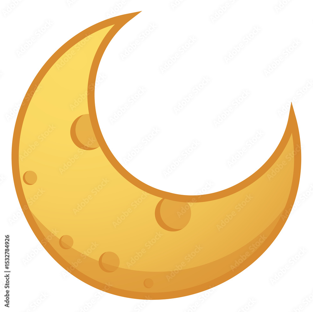 Naklejka premium Flat design golden moon crescent icon is showing smooth curves and craters, transparent background