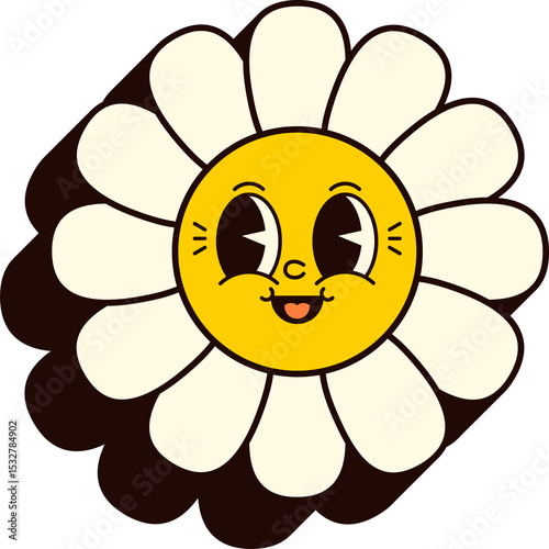 Flat design daisy flower is showing happy cartoon face with heart tongue on transparent background