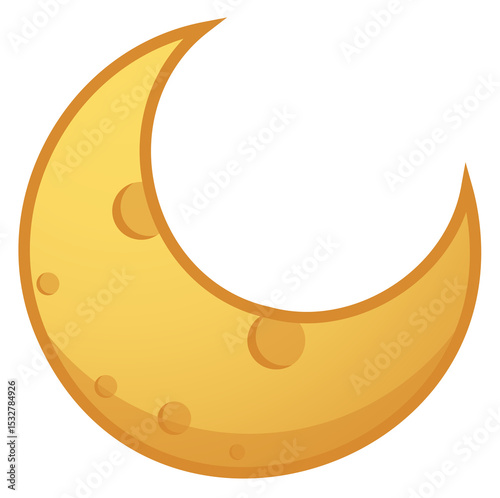 Flat design golden moon crescent icon is showing smooth curves and craters, transparent background