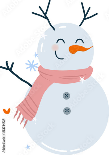 Cartoon snowman is wearing pink scarf and carrot nose in flat vector on transparent background