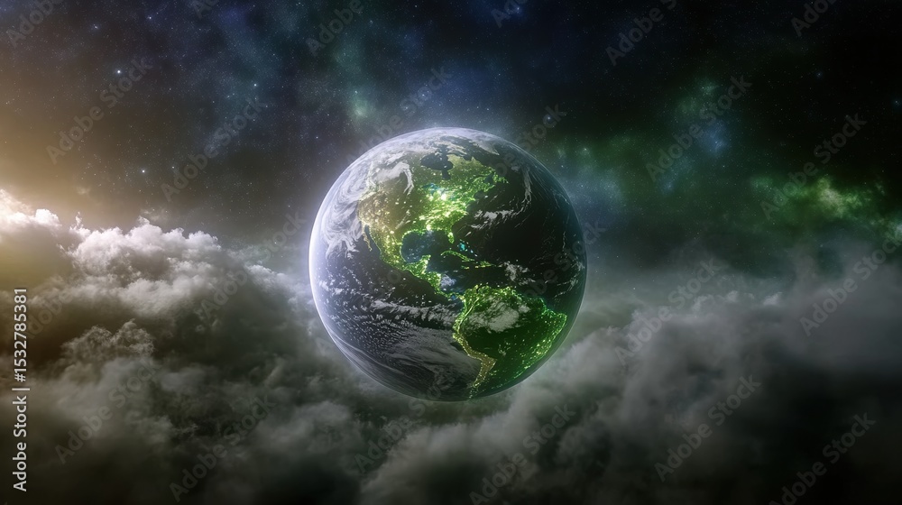 Obraz premium Earth from space: stunning view of illuminated continents above clouds and stars