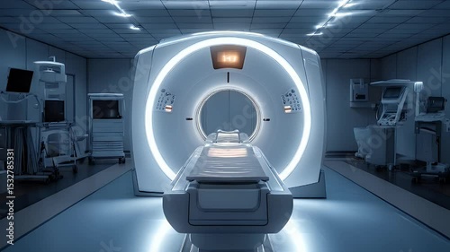 High-tech medical imaging room featuring a CT scanner, illuminated with soft blue lighting, sterile environment