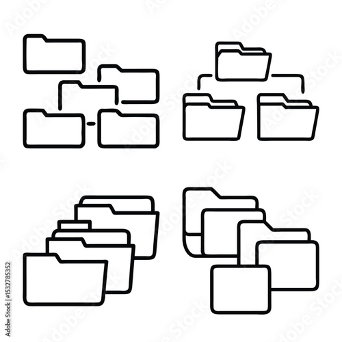 Collection of File Folder Line Icons – Black Outline Folder Silhouettes on White Background for Documents, Storage, and Office Organization UI Design

