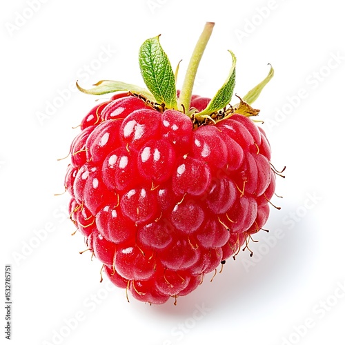 Close up studio shot of a single ripe red raspberry on white