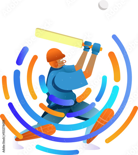 Cricket batsman is swinging yellow bat in flat vector art with motion arcs, transparent background
