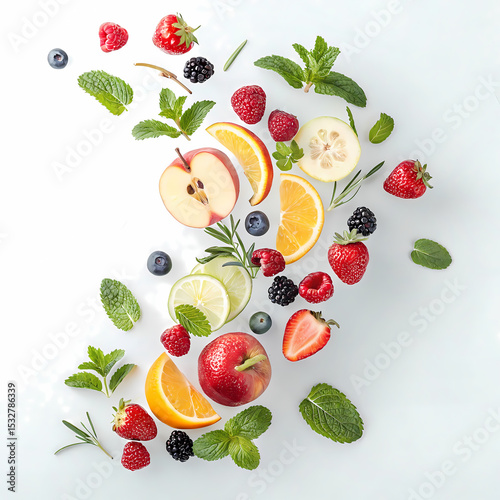 Refreshing Fruit Cascade: A vibrant assortment of fresh fruits and herbs, meticulously arranged in a dynamic composition, exudes a sense of vitality, health, and natural goodness.
