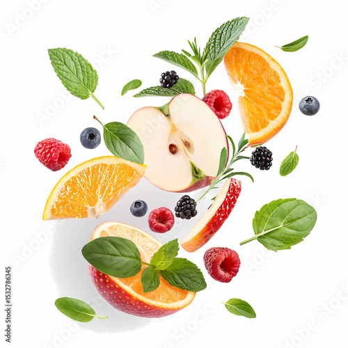 Vibrant Fruit Medley: A dynamic composition of fresh fruit including apple, orange segments, raspberries, blueberries, and blackberries, interspersed with sprigs of mint and rosemary.